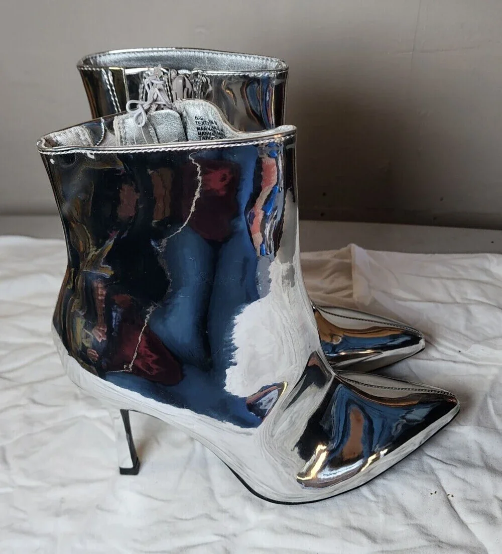New A New Day Women High Heel Ankle Boots Silver Shiny Pointed Toe Boots Sze 6.5